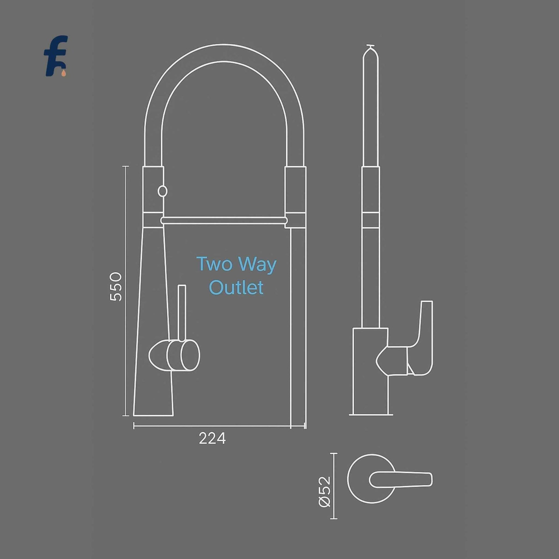 Dimension image of black rose gold kitchen faucet.