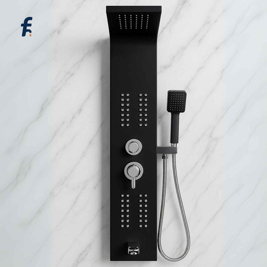 Black shower panel with control buttons and handheld shower head on a white marble background, Close-up of black shower panel showing rainfall and control knobs.