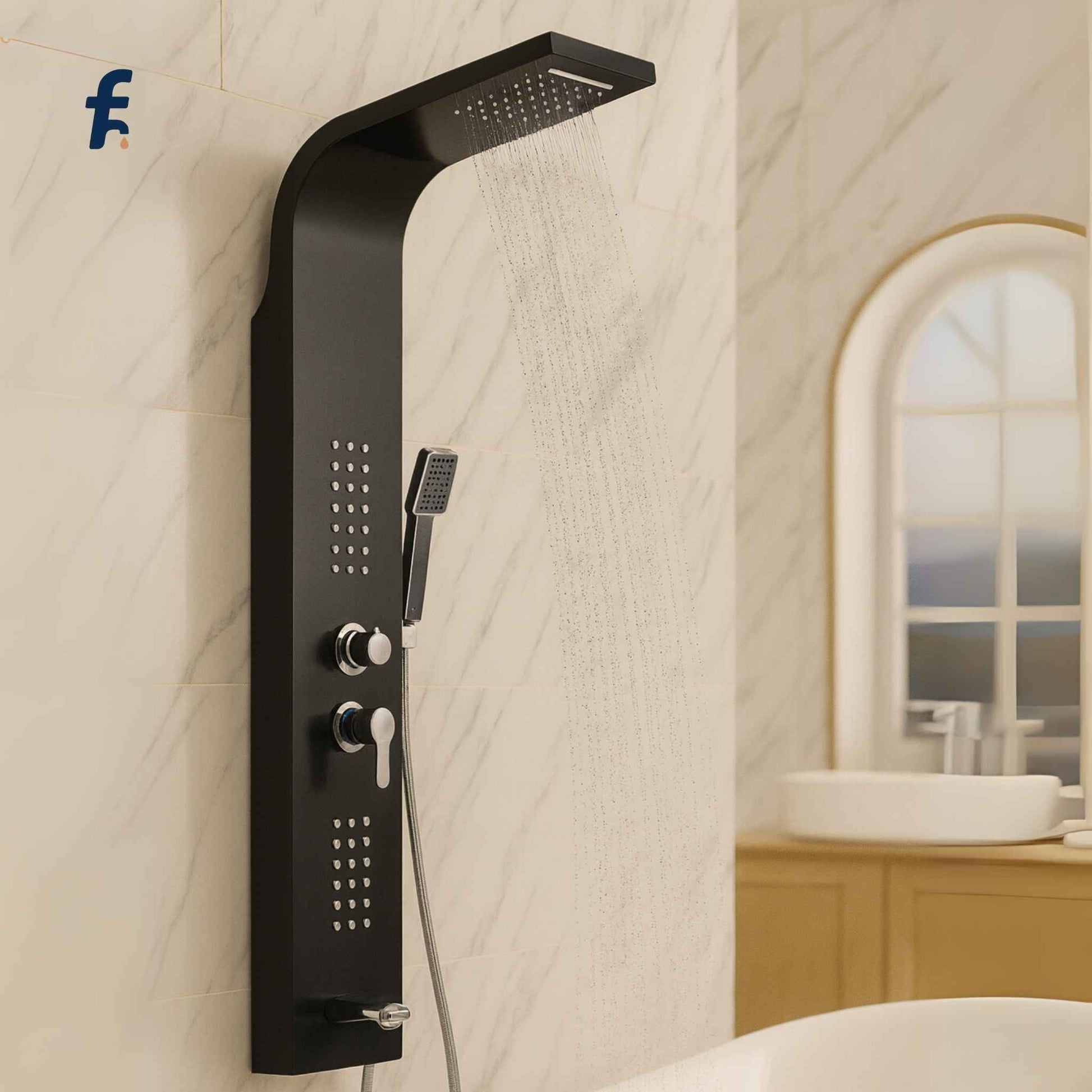 Black shower panel system mounted on a marble wall in a bathroom., Luxury matte black shower panel in modern bathroom with white marble