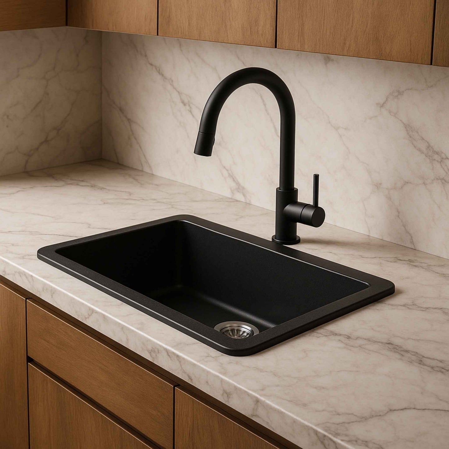 Side angle of top-mounted black sink with matching faucet