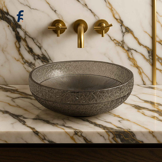 Front view of black textured glass countertop wash basin in a luxurious bathroom