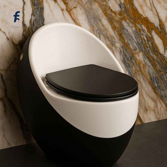 Modern wall-mounted toilet with black seat against a marble wall