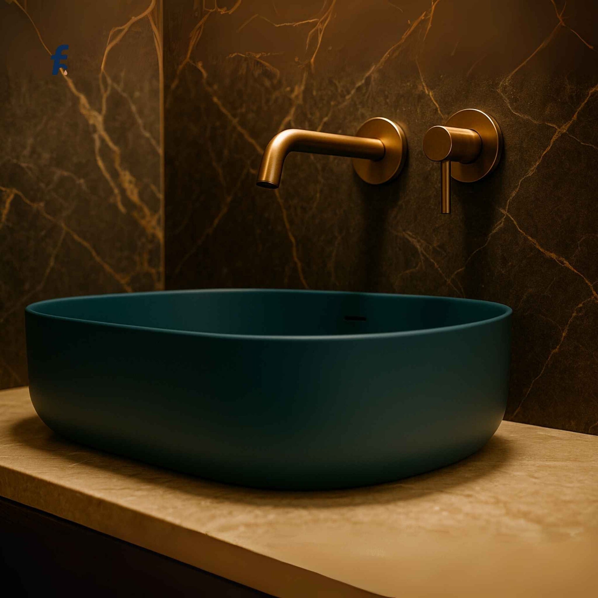 Matte blue oval wash basin on marble counter
