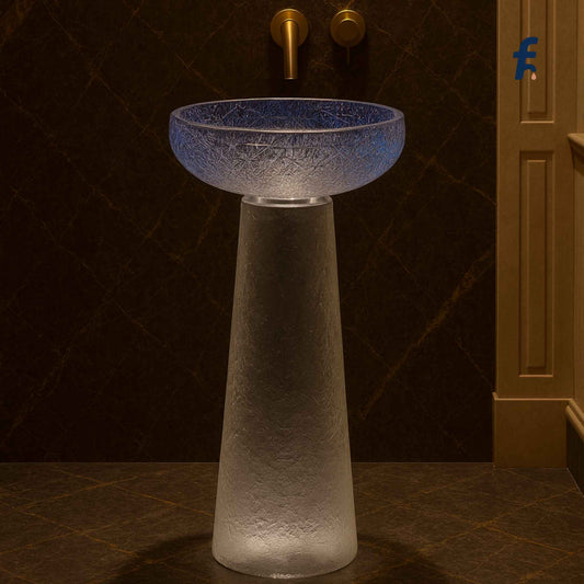 Front view of EQAS-086 luxury pedestal basin with blue crackled glass and stone base
