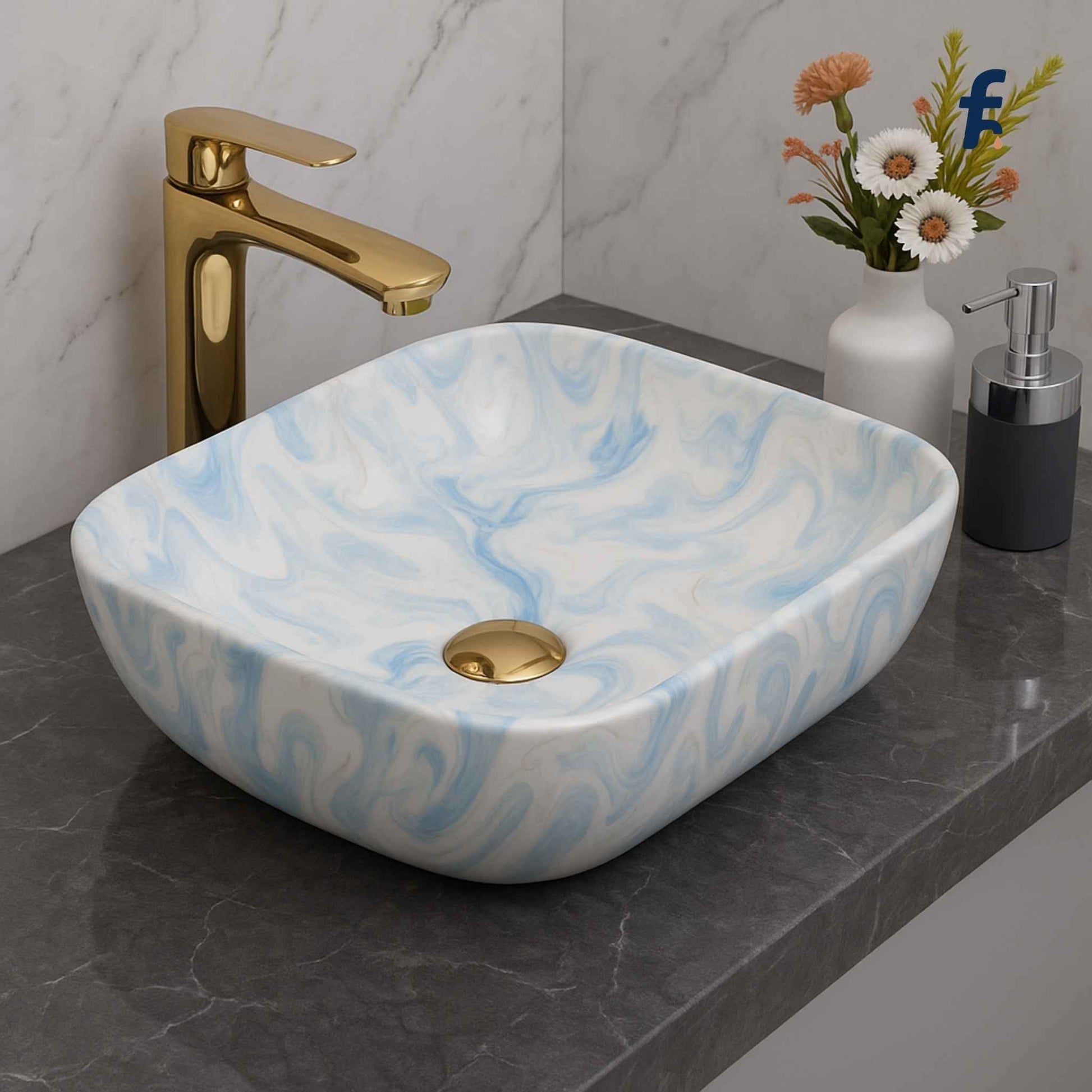 Marble-patterned sink with gold faucet on a dark countertop,  Front view of blue marble rectangular wash basin for countertop