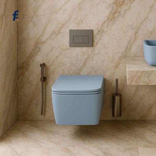 Modern bathroom with a light blue wall-mounted toilet against a marble wall.