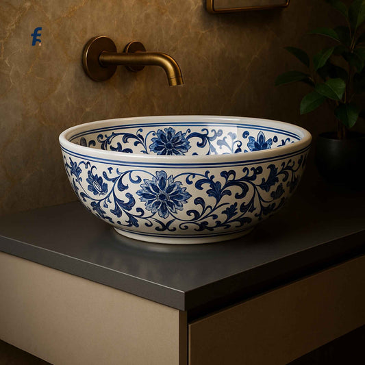 Decorative blue and white ceramic sink with floral patterns on a bathroom counter.