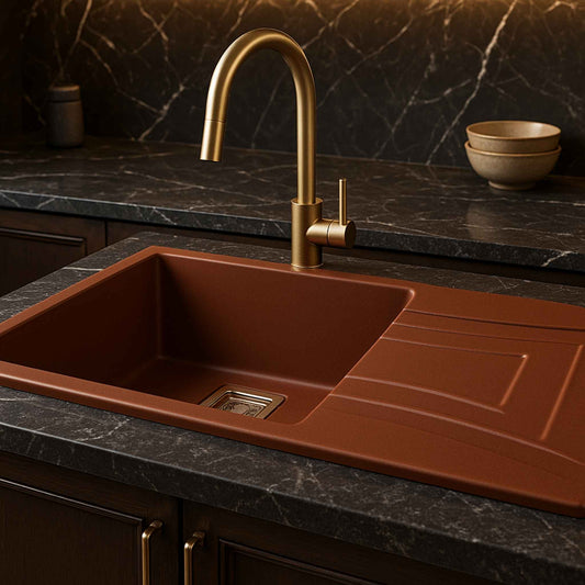 Front view of brown granite kitchen sink 36x18x9 inch with matte finish and drainboard placed in luxury kitchen