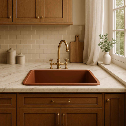 Top mount brown granite kitchen sink in luxury kitchen with elegant faucet – heat & stain resistant full view