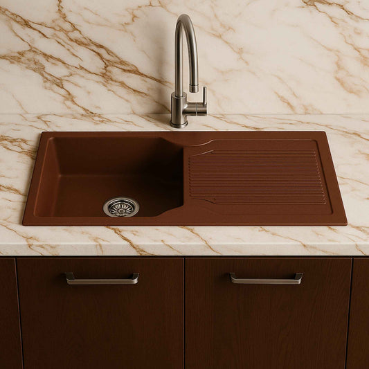Brown granite quartz kitchen sink with drainboard – 36x18 inch front angle