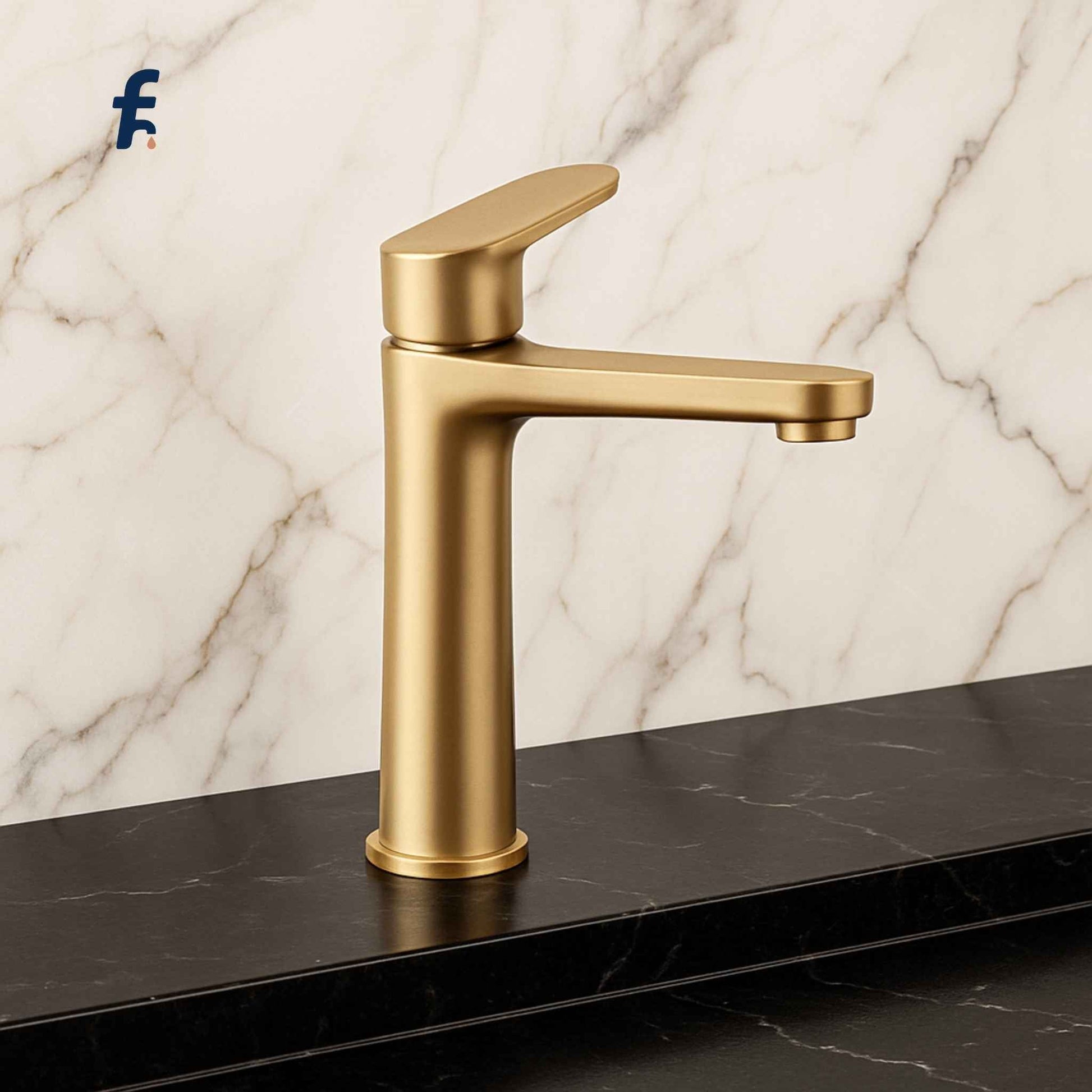 Gold faucet on a marble countertop with a marble background
