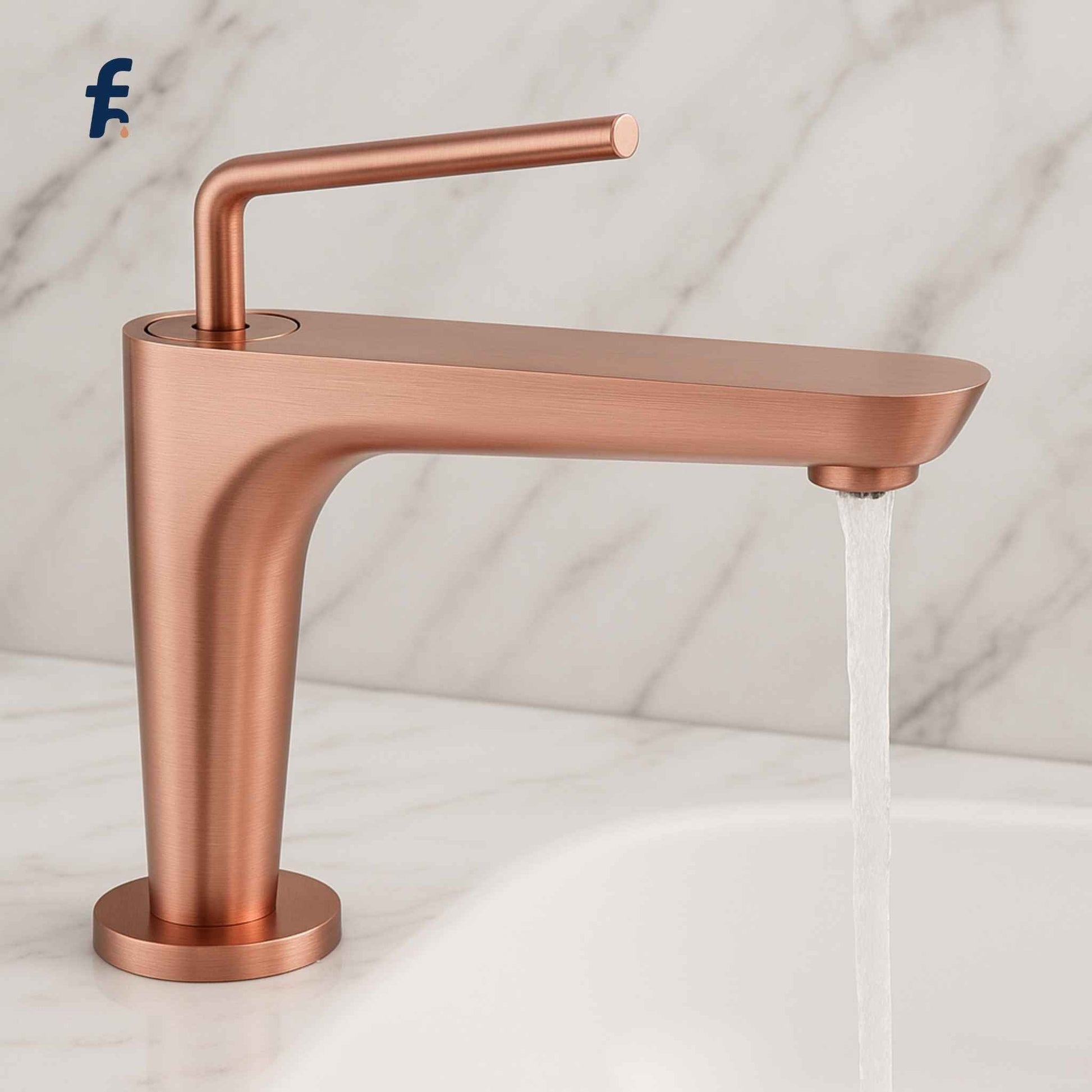 Rose gold faucet on a white background, Brushed rose gold bathroom faucet front view on luxury marble countertop