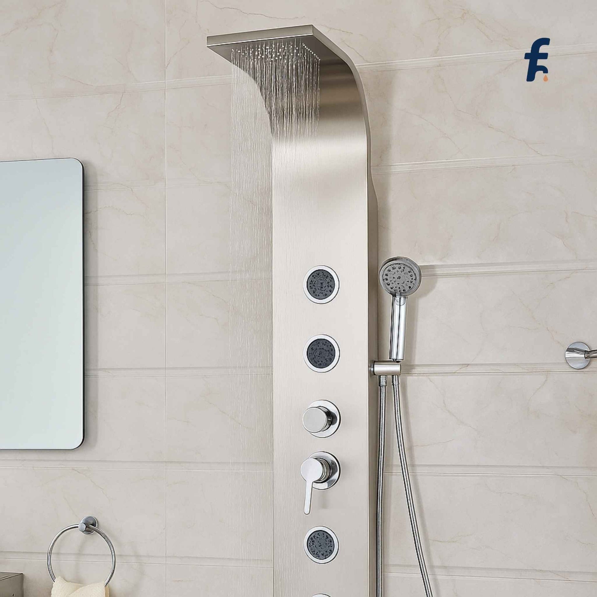 Shower panel with rainfall shower head and handheld shower on tiled bathroom wall. 