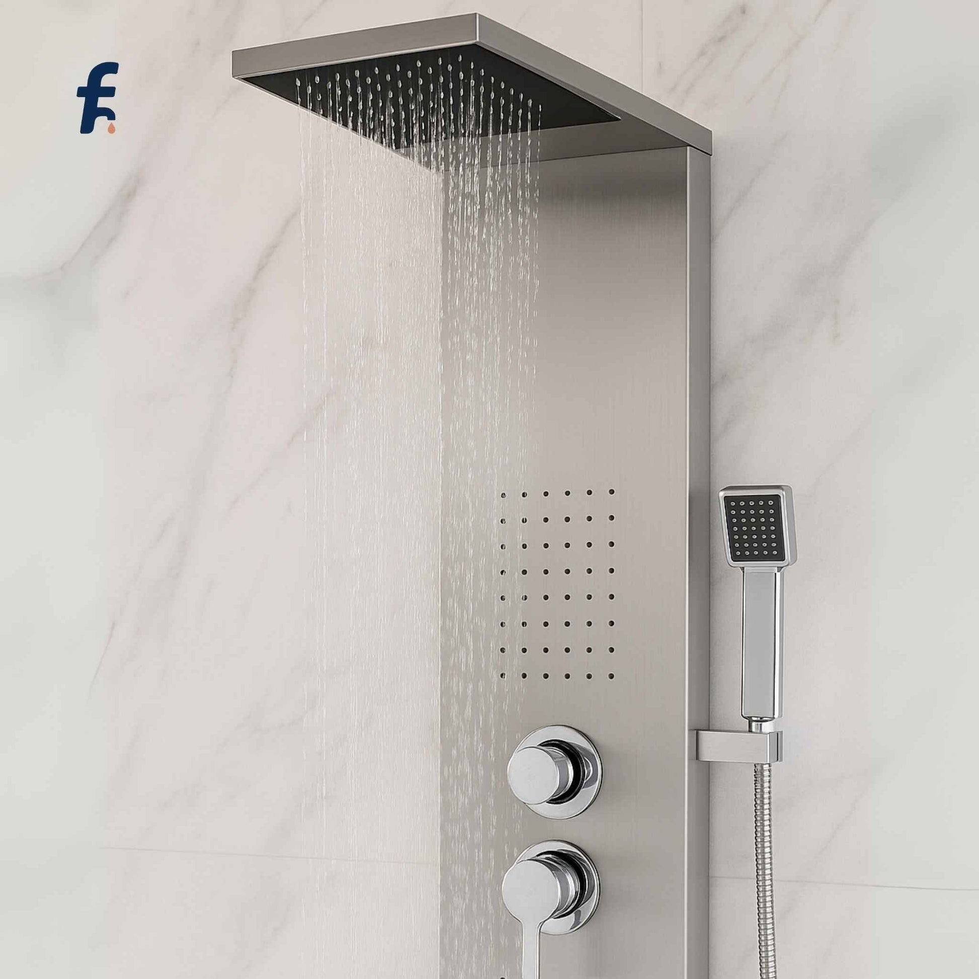 Shower system with rain shower head and handheld shower on a marble wall background,  Water flowing from chrome shower head in modern bathroom.
