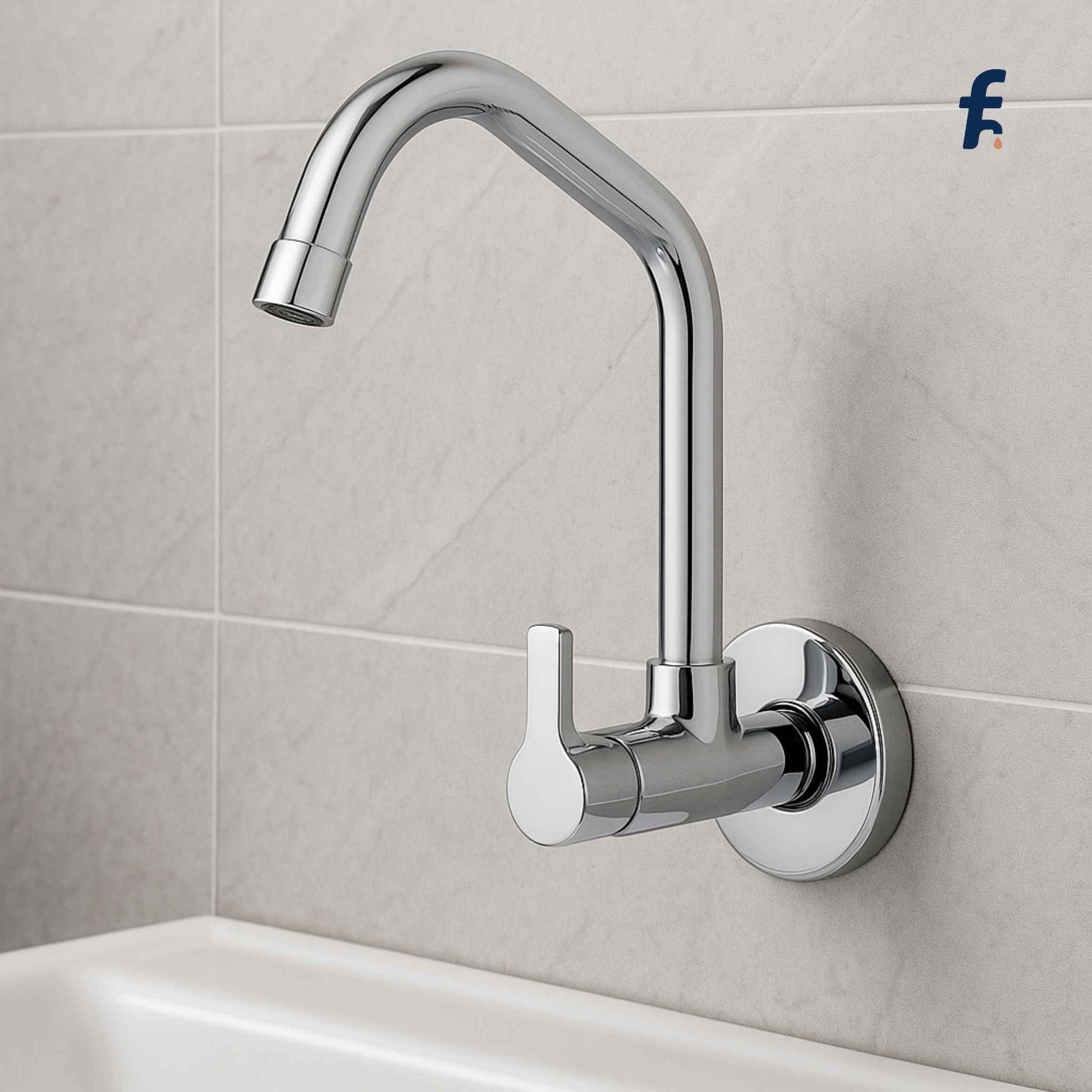 Chrome kitchen faucet mounted on a tiled wall, Chrome sink cock with extended swinging spout and wall flange – affordable wall-mounted kitchen faucet from StreamLite Series"