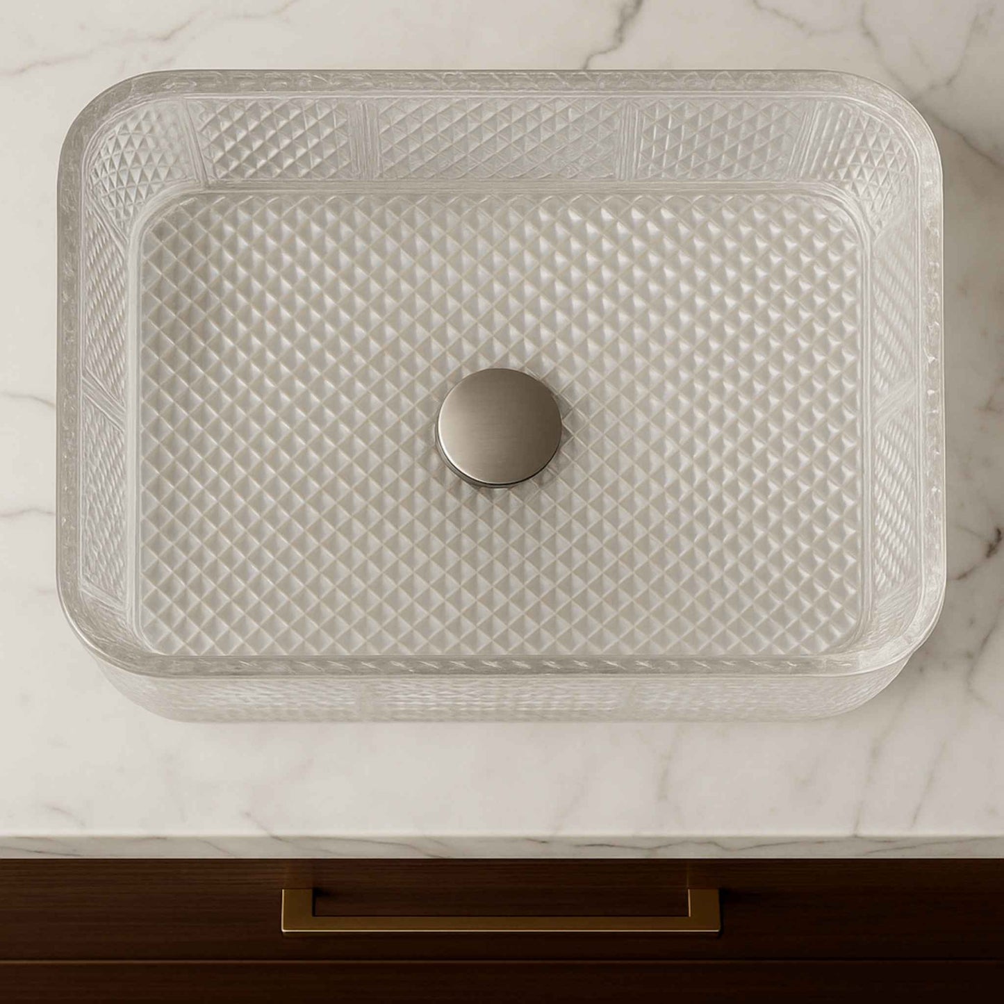 Close-up top view showing diamond texture detail of rectangular clear glass basin – 445x330mm modern design