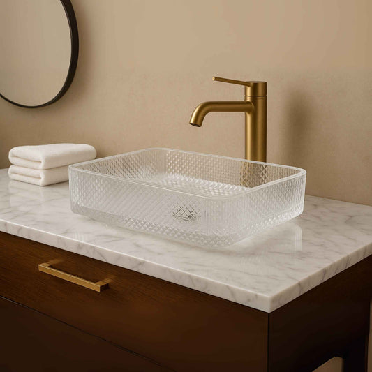Front view of rectangular clear glass wash basin with diamond-cut texture – 445x330x105mm luxury tabletop sink