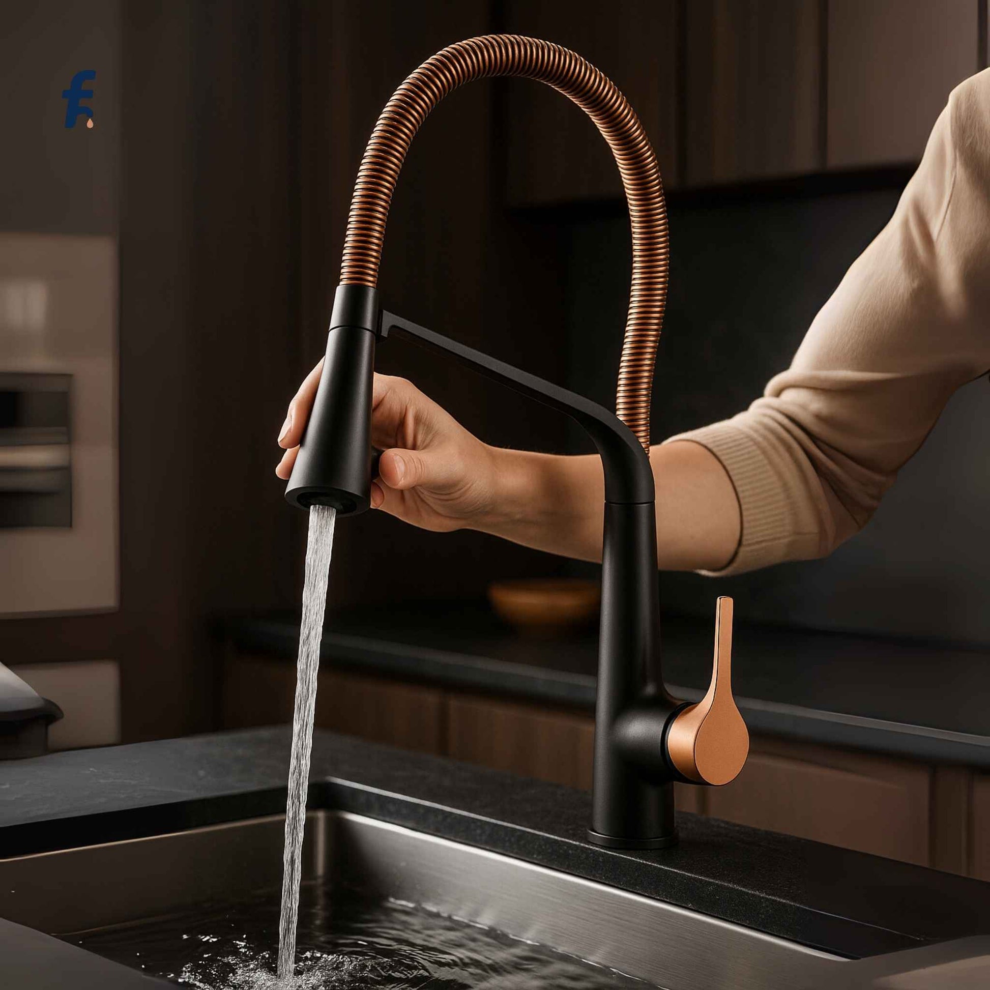 Close-up of rose gold spray head and black faucet body showing detailed pull-down mechanism