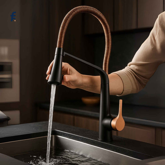 Close-up of rose gold spray head and black faucet body showing detailed pull-down mechanism
