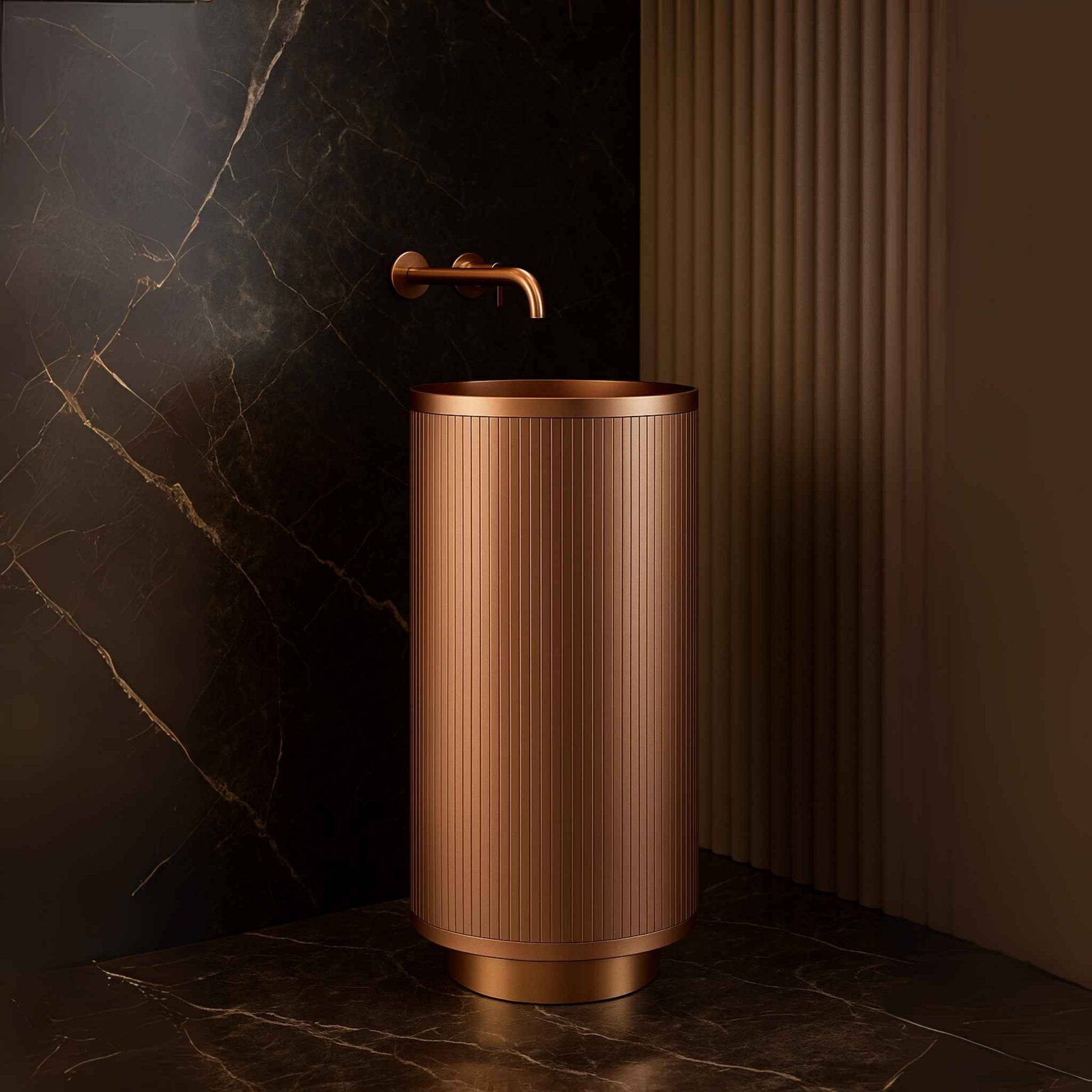 Close up of rose gold freestanding wash basin