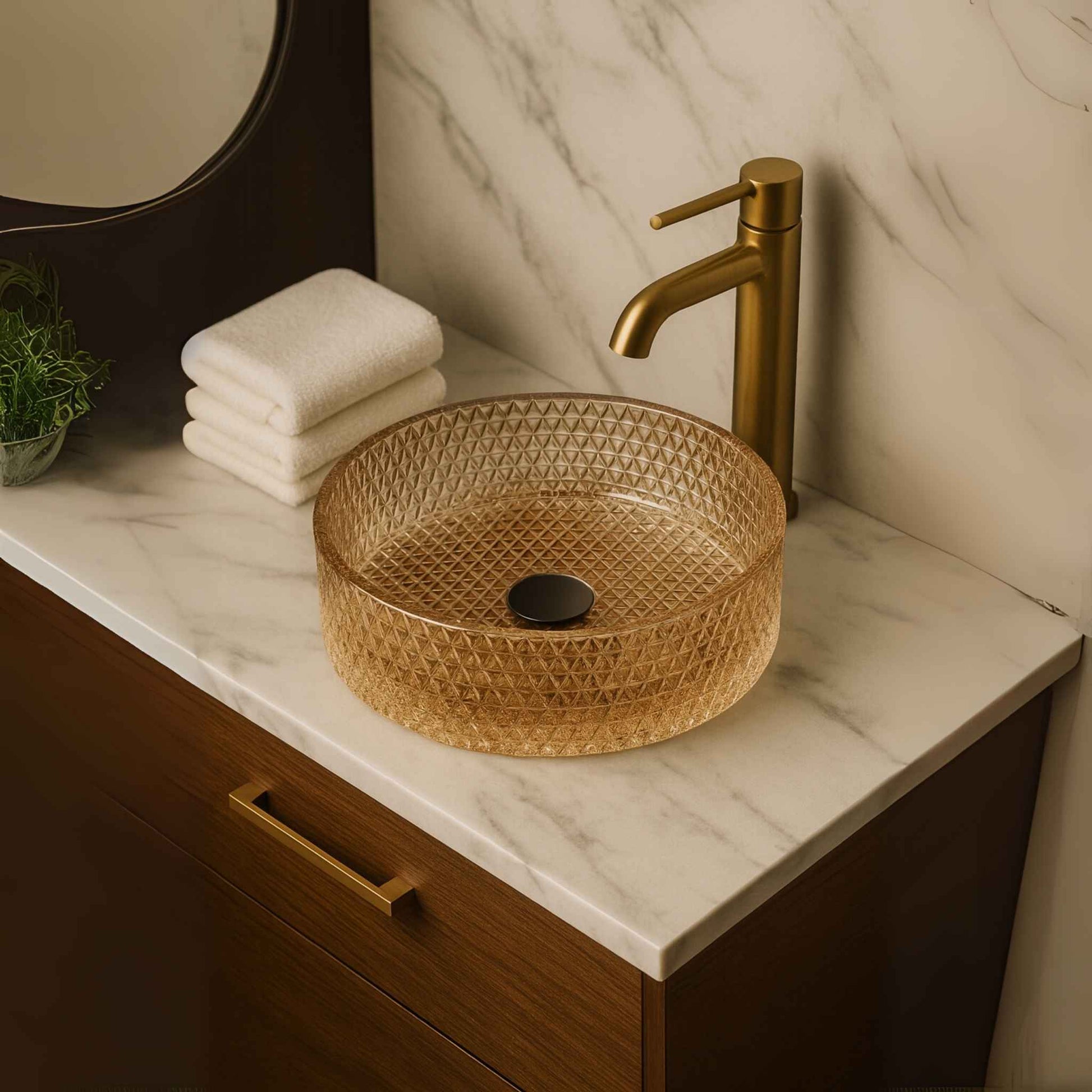 Close-up image showcasing diamond texture of golden glass wash basin
