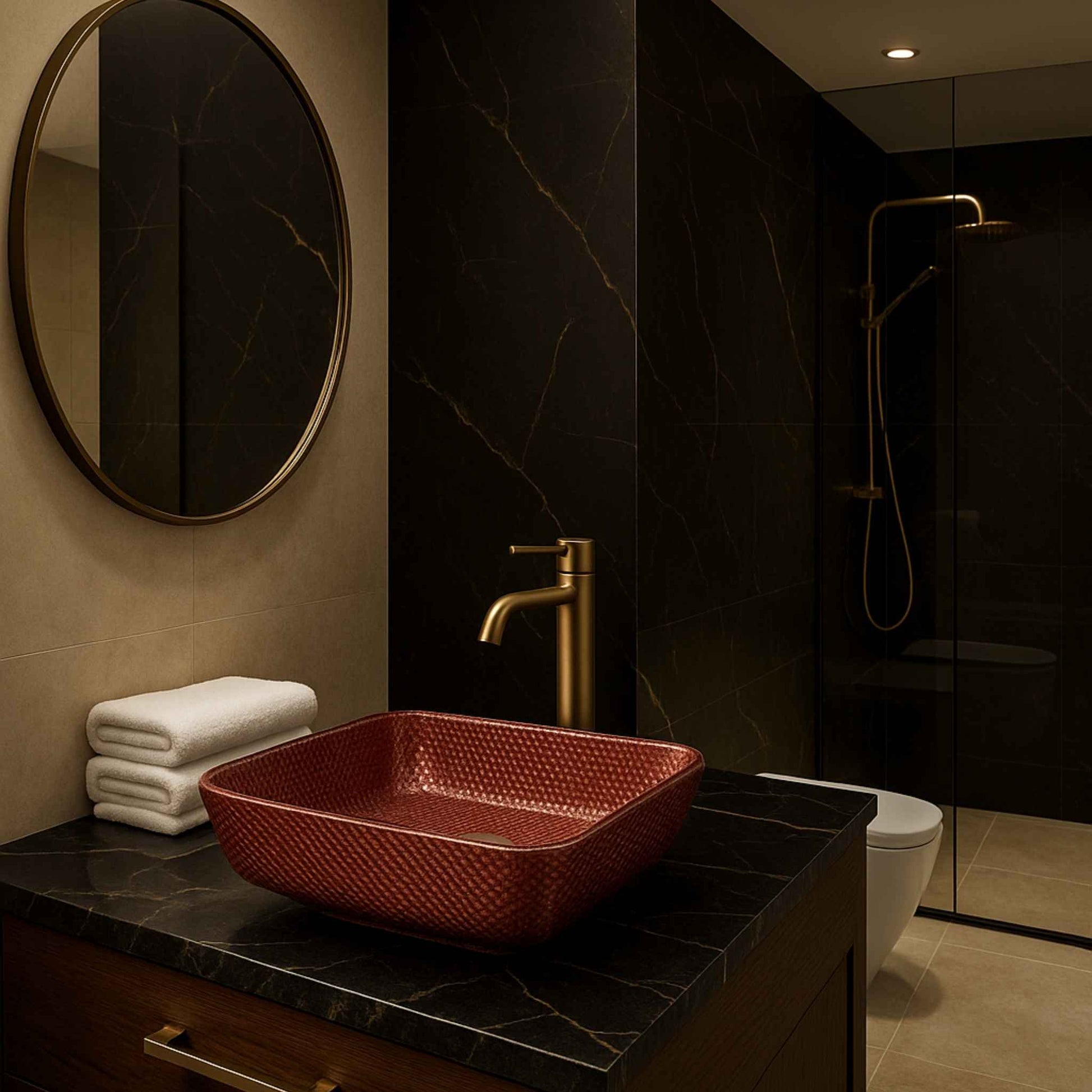 Close-up of premium red glass basin showing embossed texture and sharp edges – 400x400mm square bowl sink