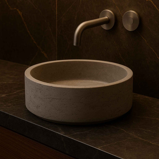 Side close-up showing the texture of the Concrete : 04 grey basin on a marble top