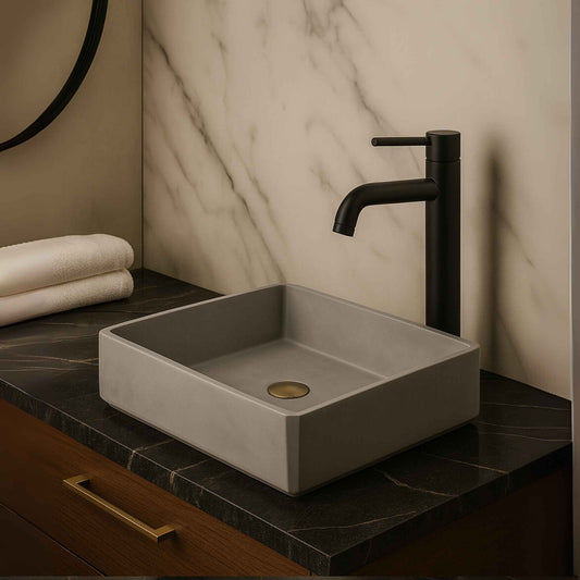 Front angle view of luxury concrete wash basin 500x350mm in modern bathroom