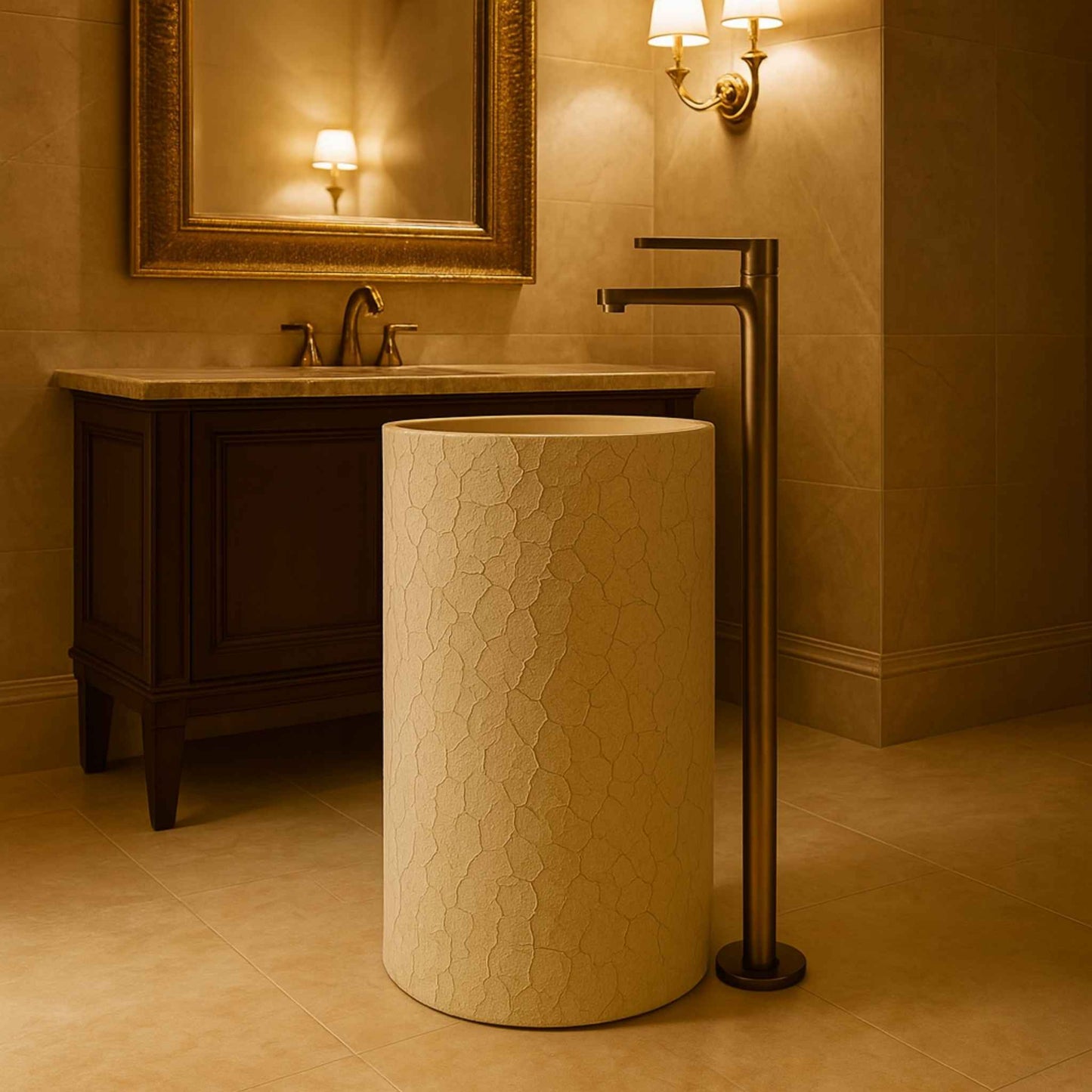Luxury bathroom featuring a freestanding cylindrical cracked stone pedestal washbasin with a tall bronze faucet, set against warm lighting, marble walls, and a classic wooden vanity with a gold-framed mirror.
