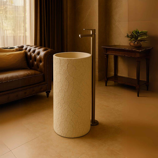 Cracked stone basin in a luxurious living room with standing faucet