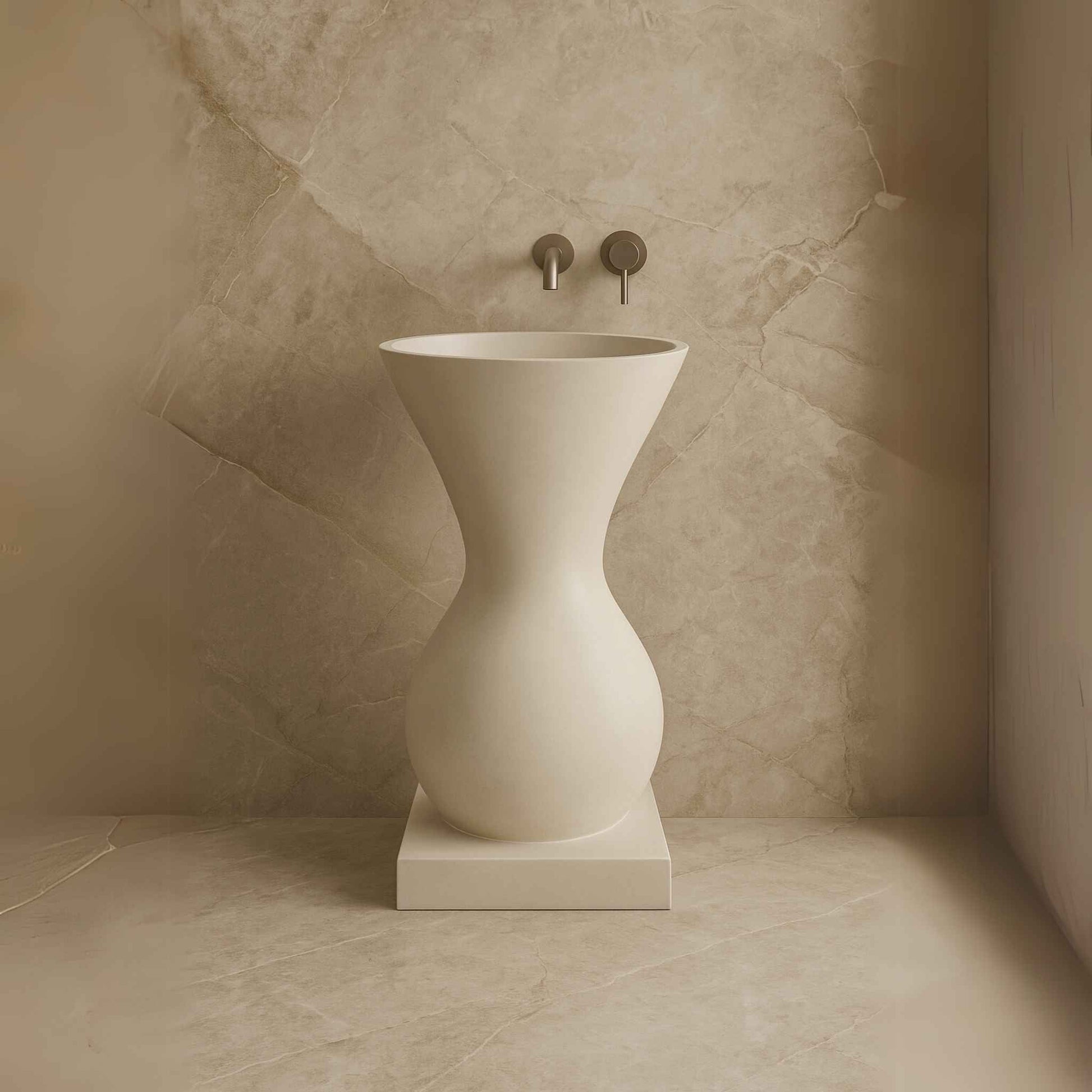 Front view of matte cream pedestal washbasin with hourglass form