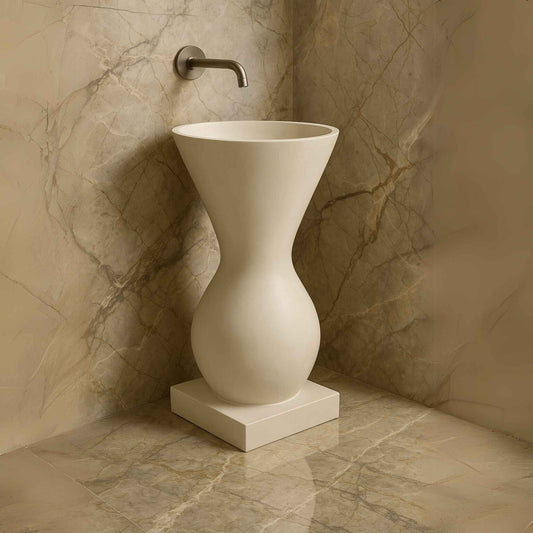 Side angle with wall-mounted tap and Italian marble background