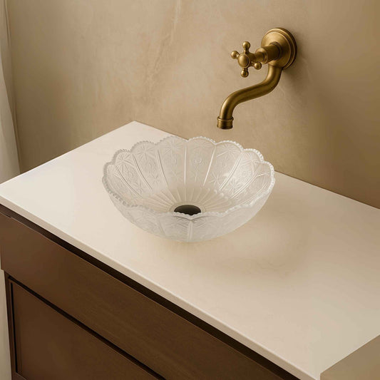 Top view of round floral embossed crystal glass bowl sink for luxury bathroom