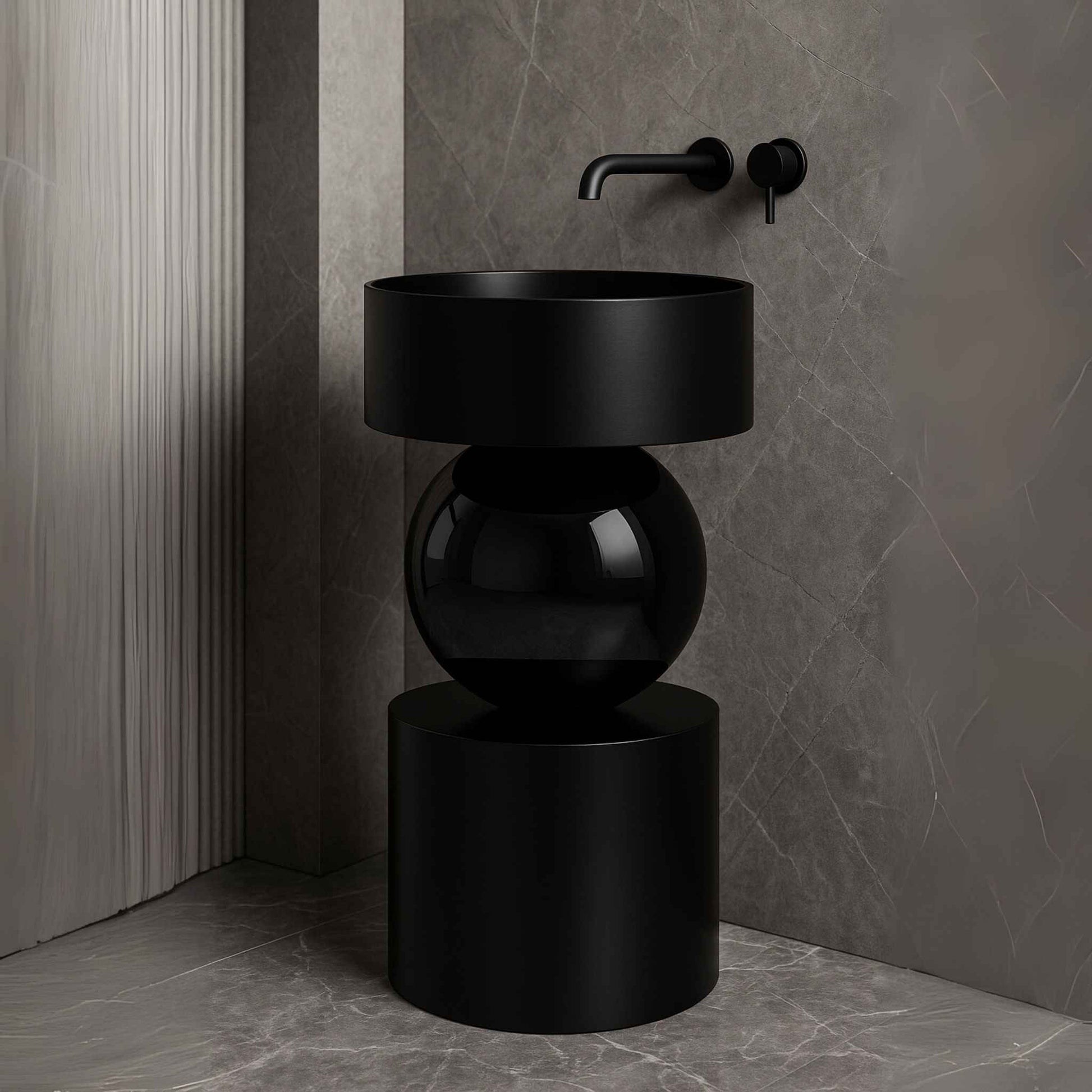 Side angle of designer freestanding black bathroom sink