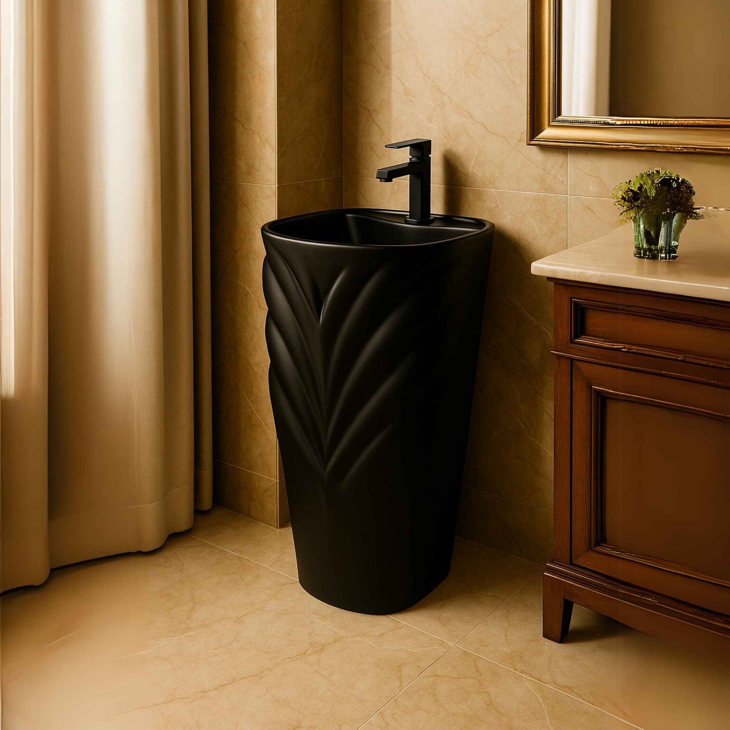 Luxury bathroom setting with matte black designer pedestal sink