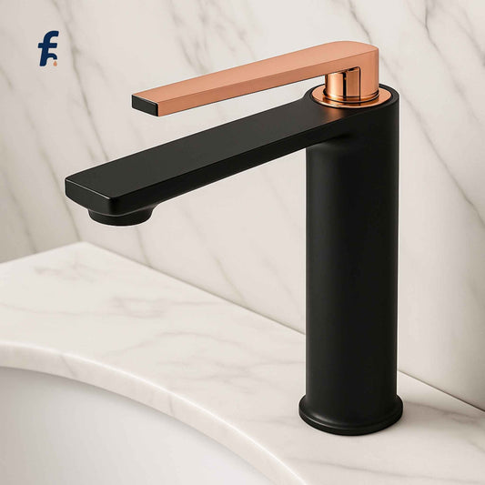 Black and rose gold faucet on a white background, Designer faucet installed on white Satvario marble vanity