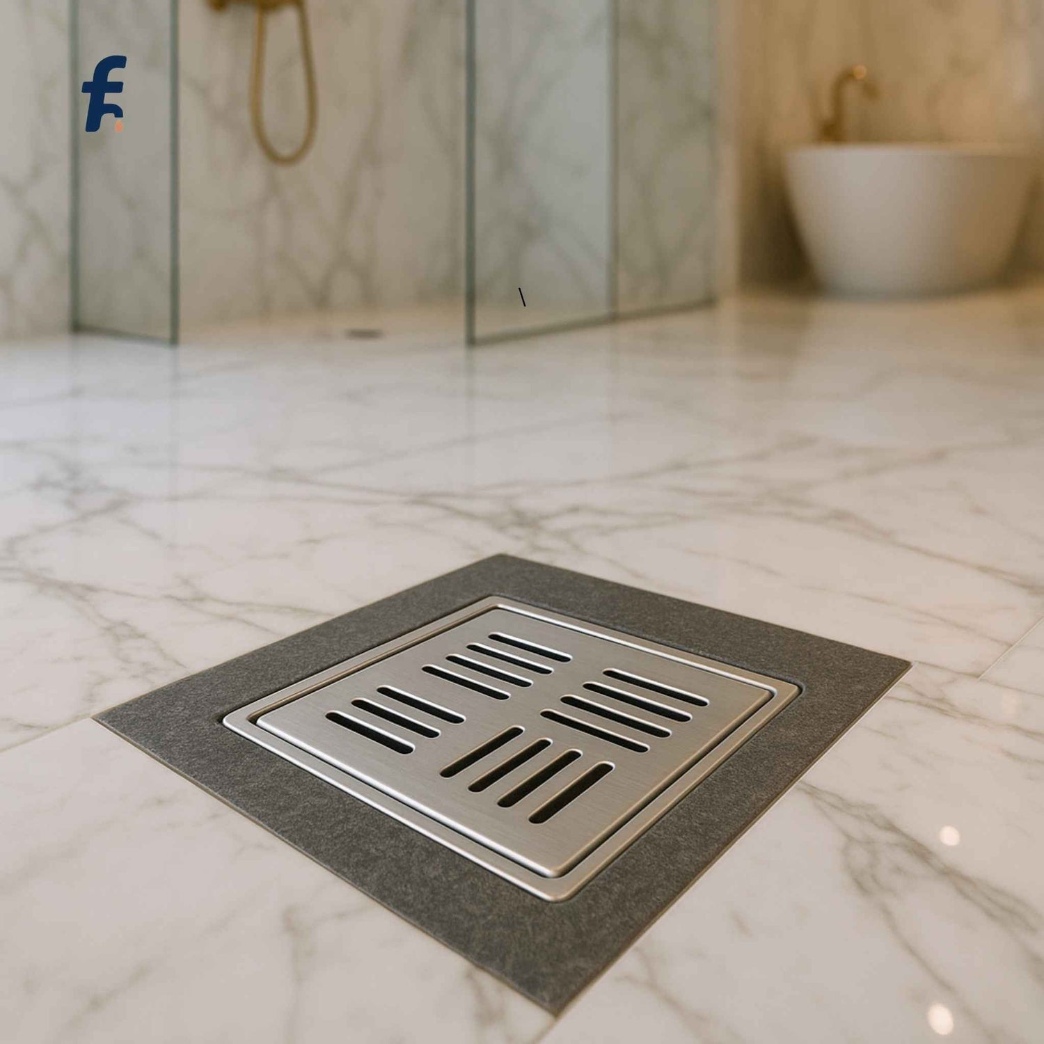 Floor drain cover on a marble floor with a blurred bathroom background, Luxurious bathroom with stainless steel floor drain on marble floor