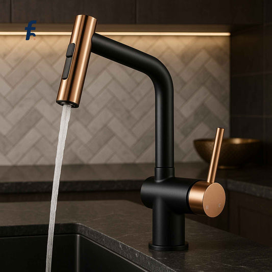 Close-up image showing the elegant design of the black and rose gold pull-out kitchen faucet from the front angle