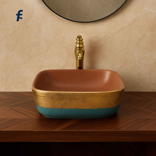 Designer matte brown and gold wash basin front view for modern bathrooms