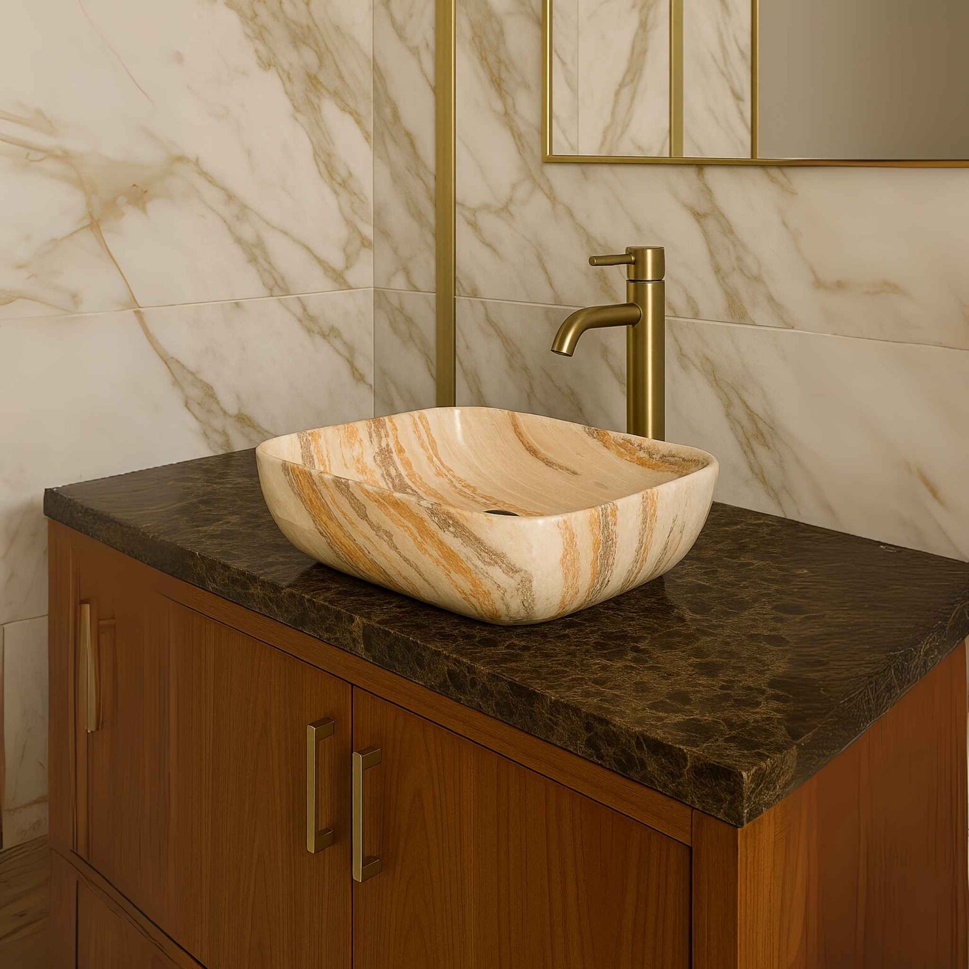 Side angle of designer marble look bathroom sink on vanity counter with ceramic finish