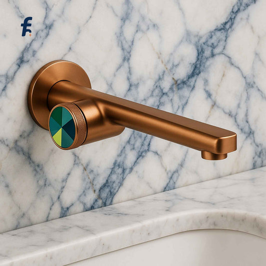 Bronze faucet with green accent on a marble wall, Luxury brass bathroom faucet in rose gold finish