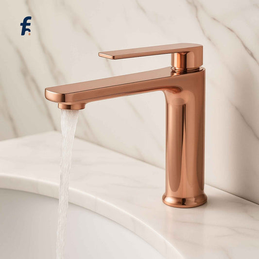 Rose gold faucet on a white background, Designer rose gold tall basin mixer tap with AoYou bubbler