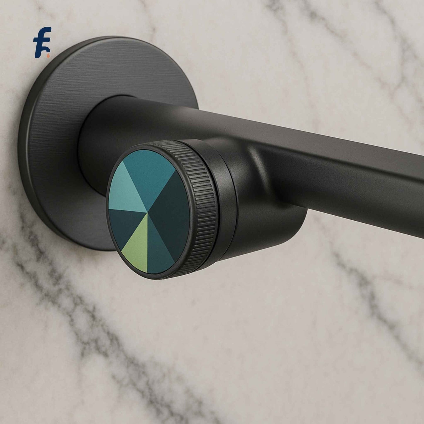 Black shower handle with a teal color swatch on a marble background
