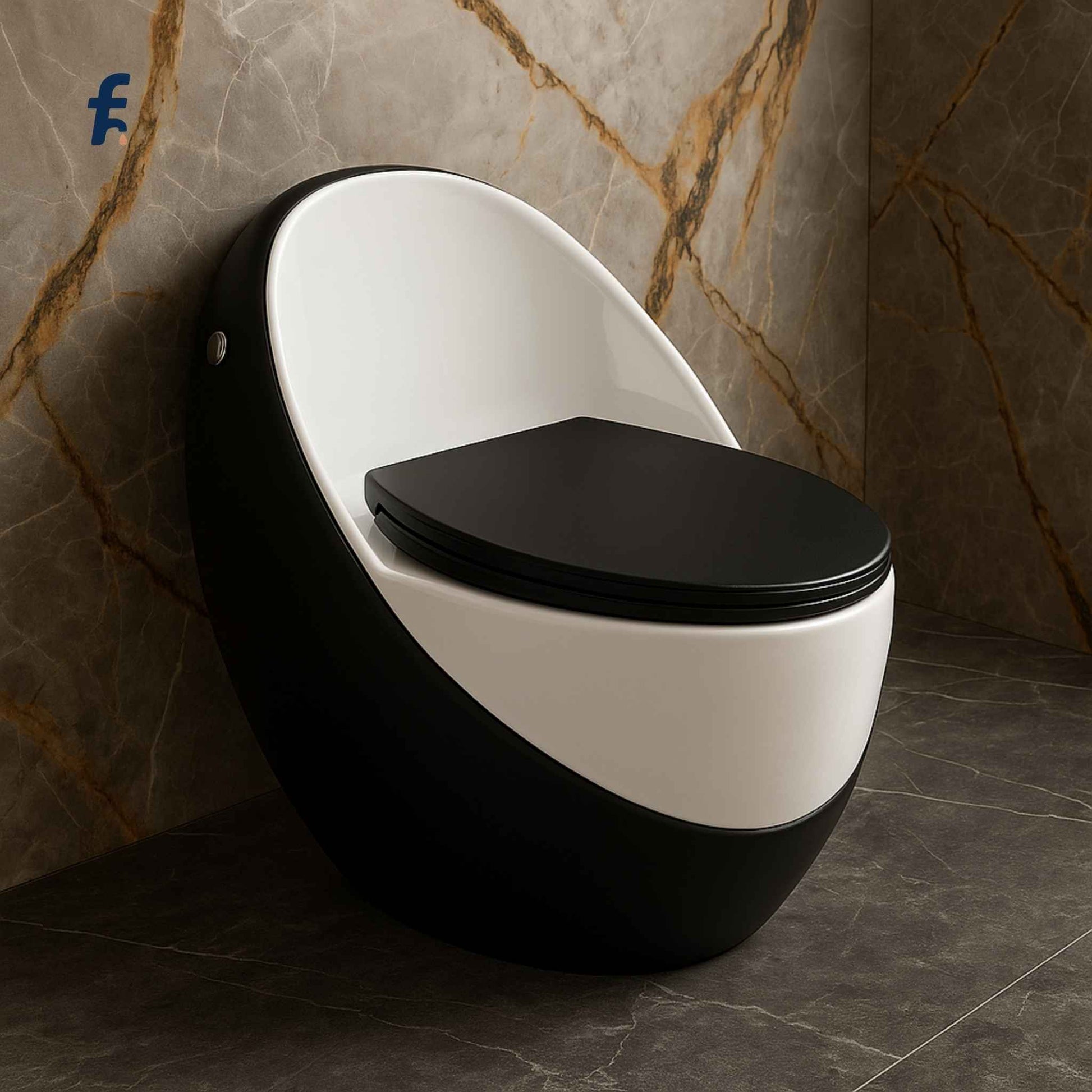 Modern black and white toilet against a marble wall