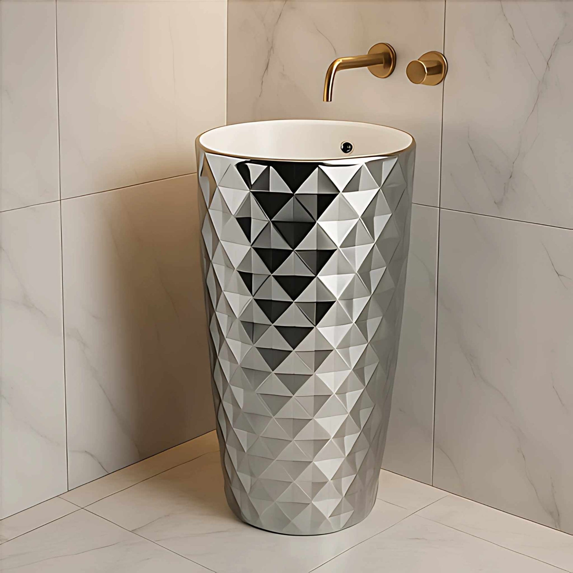 Diamond cut silver pedestal wash basin with glossy texture and white round top, styled with a gold wall-mounted tap in a modern luxury bathroom.