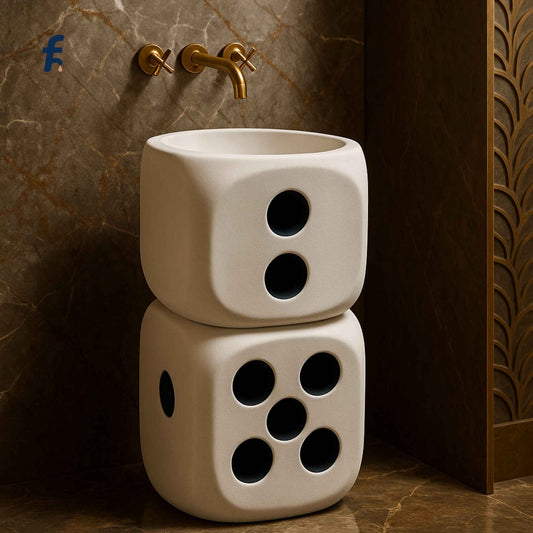 Dice-shaped white sink with black dots on a marble wall background