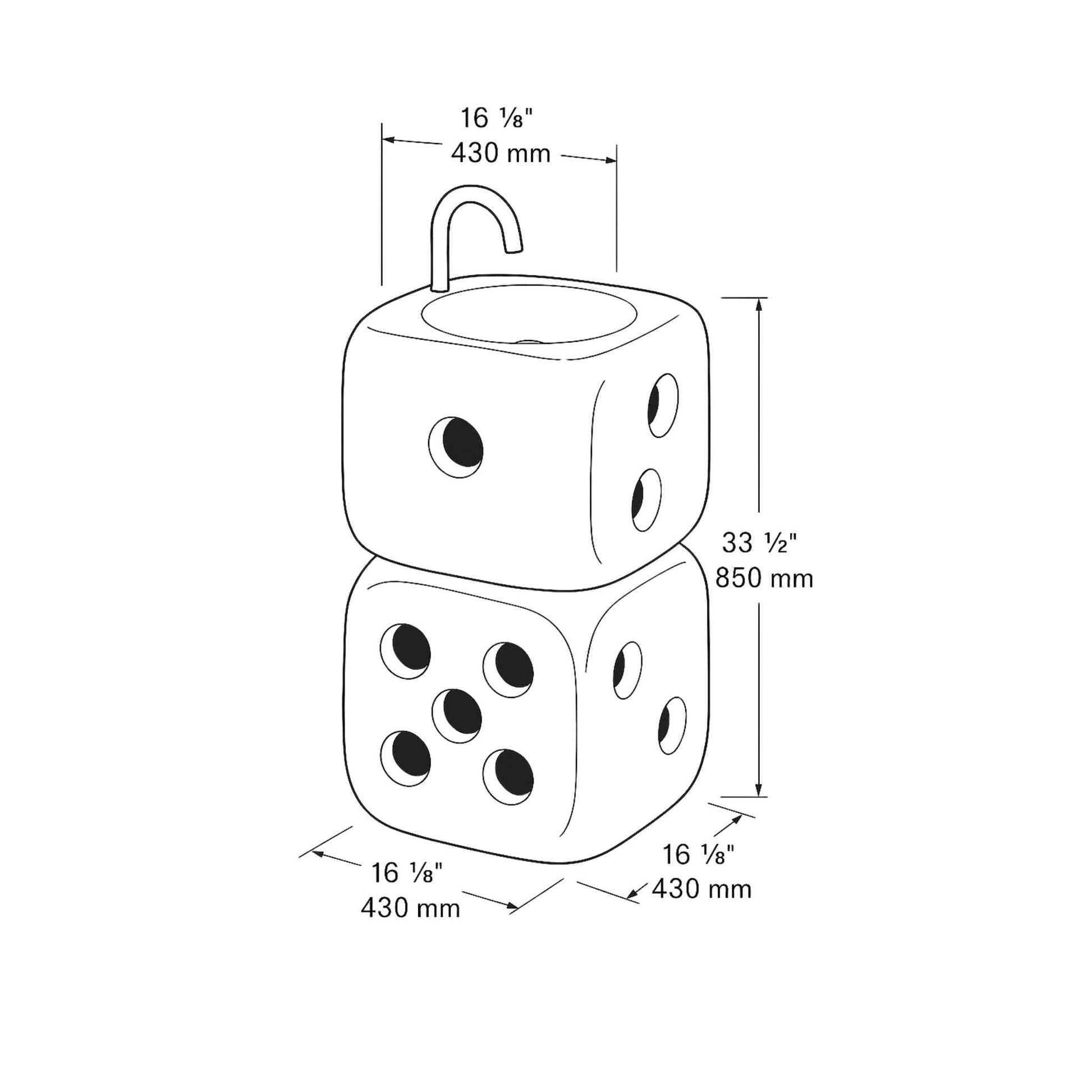 Illustration of two dice with dimensions labeled