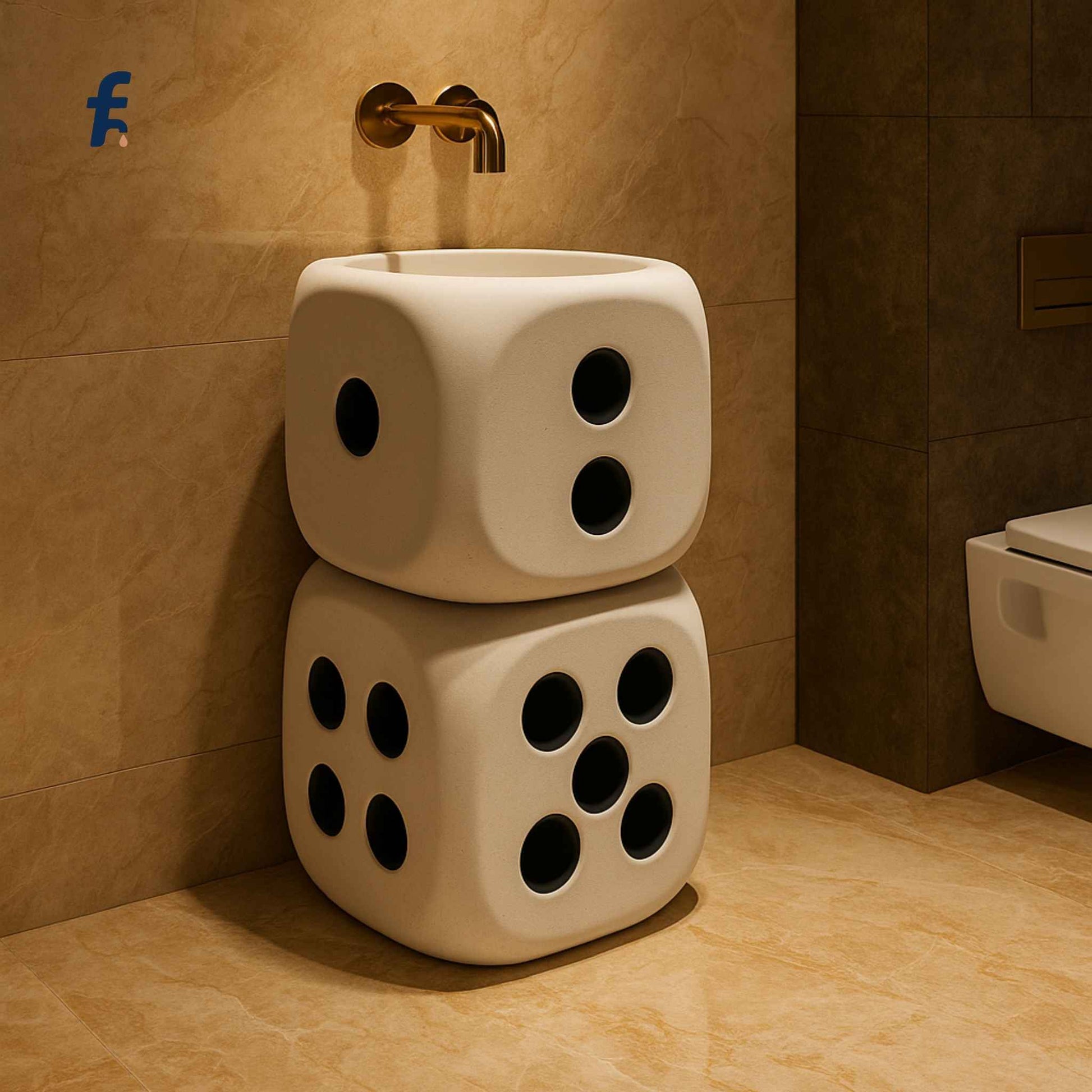 Two large dice-shaped sinks stacked against a tiled wall in a bathroom.