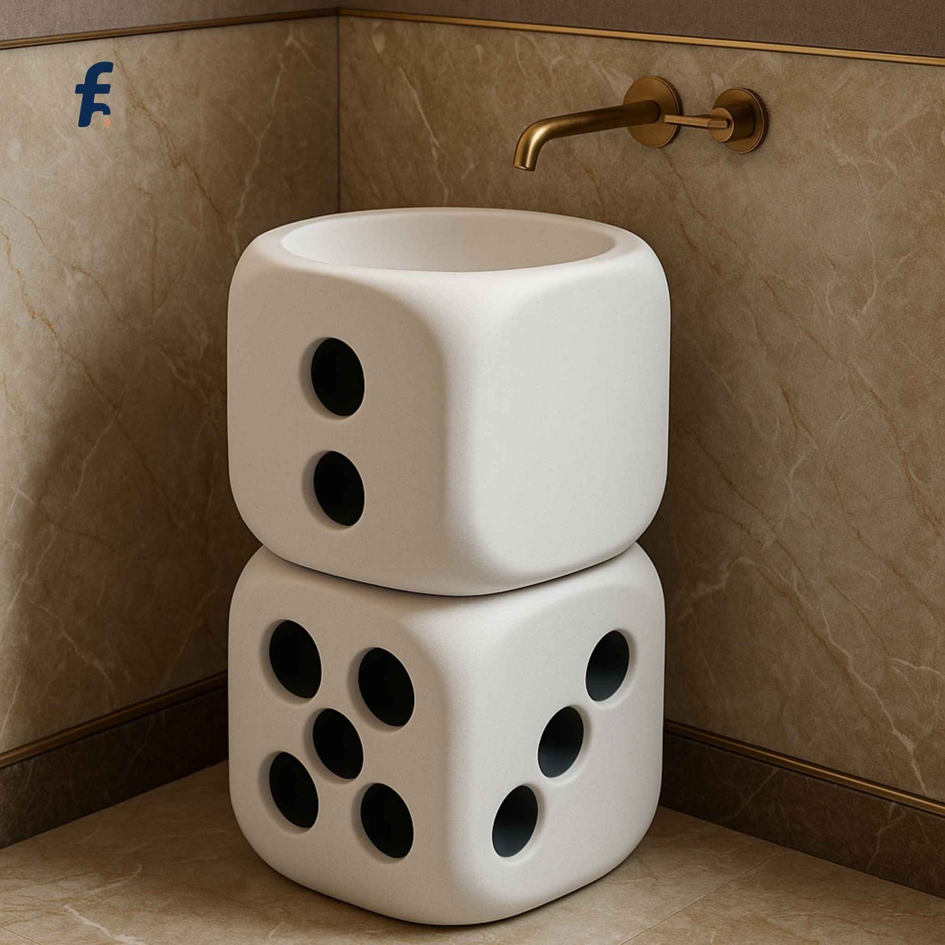 Two dice-shaped ceramic sinks stacked against a tiled wall.