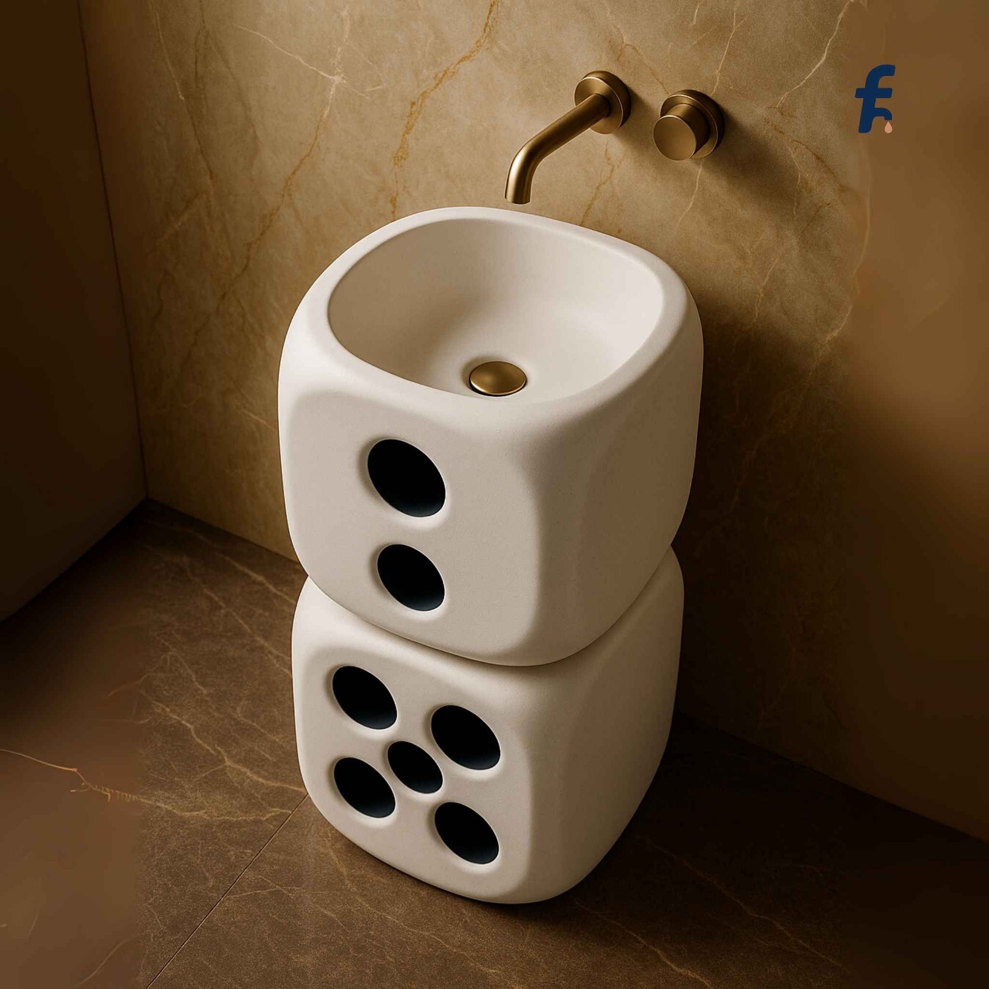 White dice-shaped pedestal washbasin against a marble wall